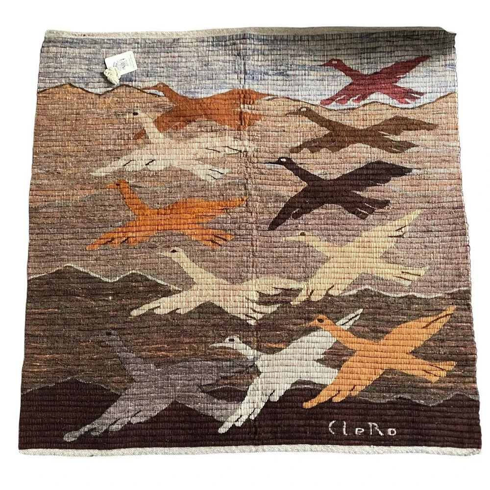 Vintage Native American Hand Woven Wool Tapestry Birds Hanging Wall Signed CleRo